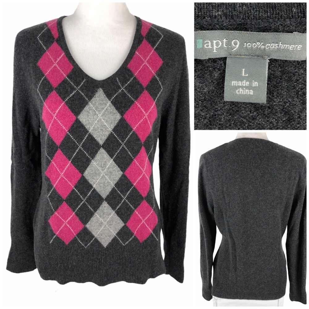 Apt 9 Womens Large Sweater Cashmere Gray Diamond Pattern Buttons Pullover EUC